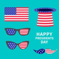 Glasses mustaches hat flag set Presidents Day background flat design