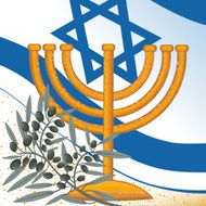 Golden Menorah And Olive Branch On Israeli Flag Background