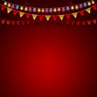 Red background Festive garland and colorful flags