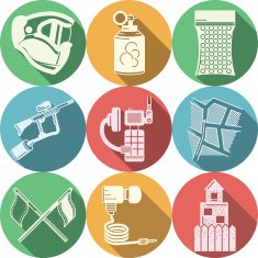 Flat colored icons vector collection for paintball