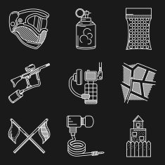 Set of white line vector icons for paintball