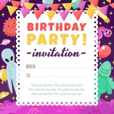 Birthday party funny space invitation with cartoon aliens and monsters