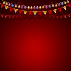 Red background Festive garland and colorful flags