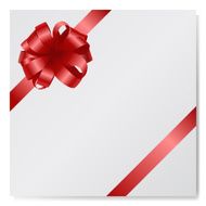 Red silk bow on empty paper card isolated at white