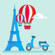 Eiffel Tower Paris scooter Air Balloon Clouds vector illustration