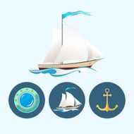 Set icons with colored sailing vessel anchor porthole vector illustration