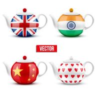 set of different ceramic teapot with flags