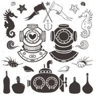 Diver and submarine Vintage hand drawn elements
