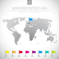 Set of 3D pin flags icons with dotted world map