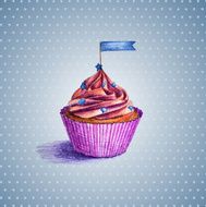 Cupcake with small flag Hand drawn