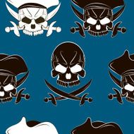 Seamless pattern with skulls and pirate sword blue background