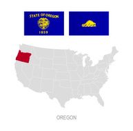 Flag of Oregon and location on U S map