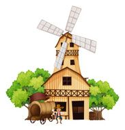 Wagon with an armed gunman standing infront of wooden house