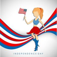 Stylish young girl holding American national flag on waves background