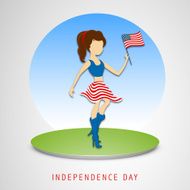 Stylish young girl on green stage holding American national flag