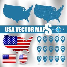 USA map set with gps and flag icons