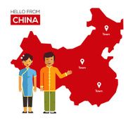 Chinese couple in national costumes on a background map