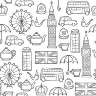 Seamless background with cute hand drawn cartoon objects on London