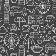 Seamless background with cute hand drawn cartoon objects on London N2