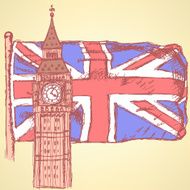Sketch Big Ben on tile with UK flag vector background