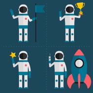 Astronaut concept with flag cup star rocket