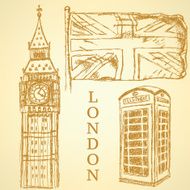 Sketch Big Ben UK flag and phone cabin vector background