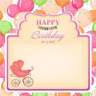 Children&#039;s congratulatory background with a pink stroller N2