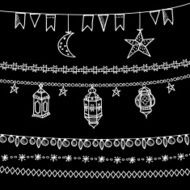 Set of doodle chalk garlands moon stars flags arabic lanterns N2