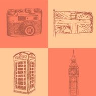 Sketch photo camera phone cabin UK flag and Big Ben
