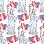 Sketch Statue of Liberty and flag vector seamless pattern