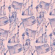 Sketch Statue of Liberty and flag vector seamless pattern N2