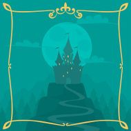 Vector square cartoon background with castle on the hill