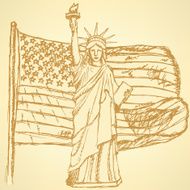 Sketch USA flag and Statue of Liberty vector background