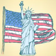 Sketch USA flag and Statue of Liberty vector background N2