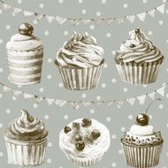 Seamless pattern Watercolor cupcakes muffins festive flags