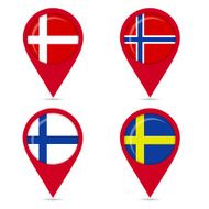 Map pin icons of national flags Scandinavian countries