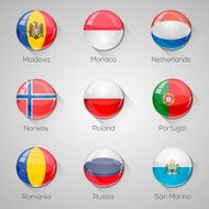 European Flags Set Glossy Buttons with Long Shadows N4