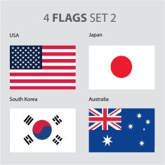 USA Japan South Korea and Australia Flags (Vector Art)
