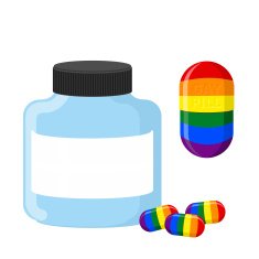 Pills with LGBT flag Vector illustration Medical bottle tablet