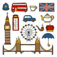 Set of cute hand drawn cartoon objects on London theme N2
