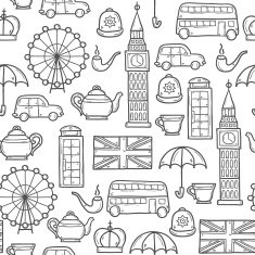 Seamless background with cute hand drawn cartoon objects on London