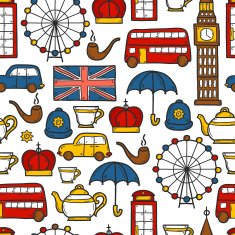 Seamless background with cute hand drawn cartoon objects on London N3