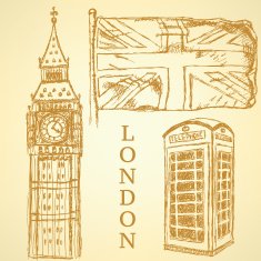 Sketch Big Ben UK flag and phone cabin vector background