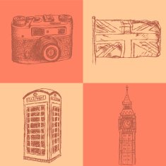 Sketch photo camera phone cabin UK flag and Big Ben