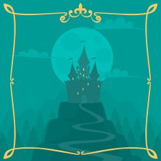 Vector square cartoon background with castle on the hill