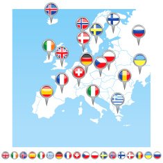 Europe flag icons and map