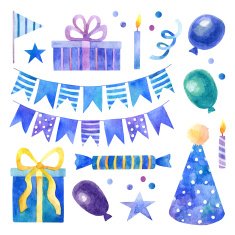 Birthday party set with blue and purple watercolor elements N2