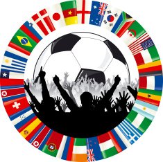 Soccer Logo With Ball Cheering Fans and Circle of Flags
