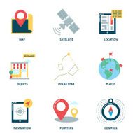 Navigation and location vector icons set flat style
