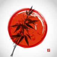 Card with bamboo and red sun on white background
